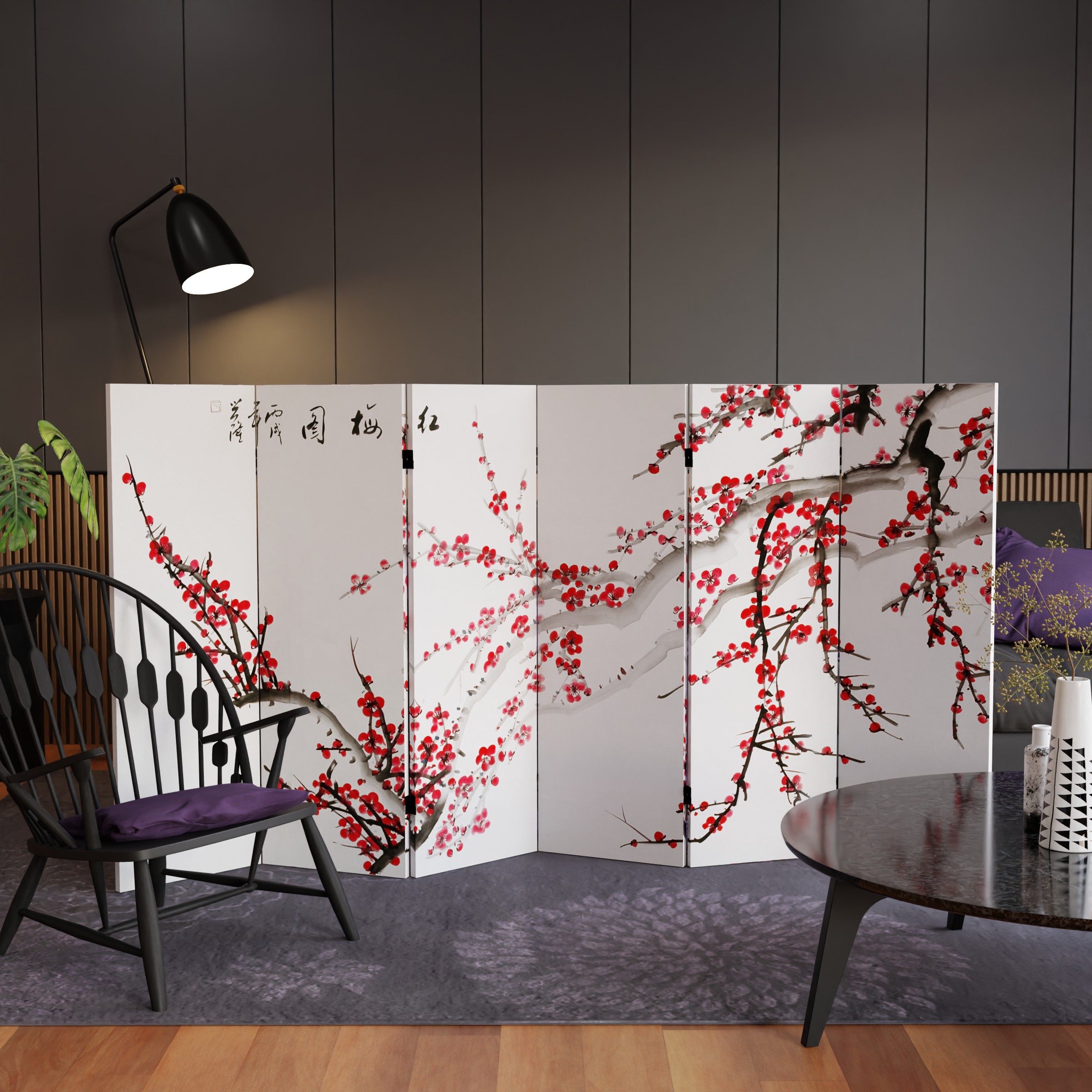 Buy 4 ft. Short Double Sided Plum Blossom Canvas Folding Screen Online ...